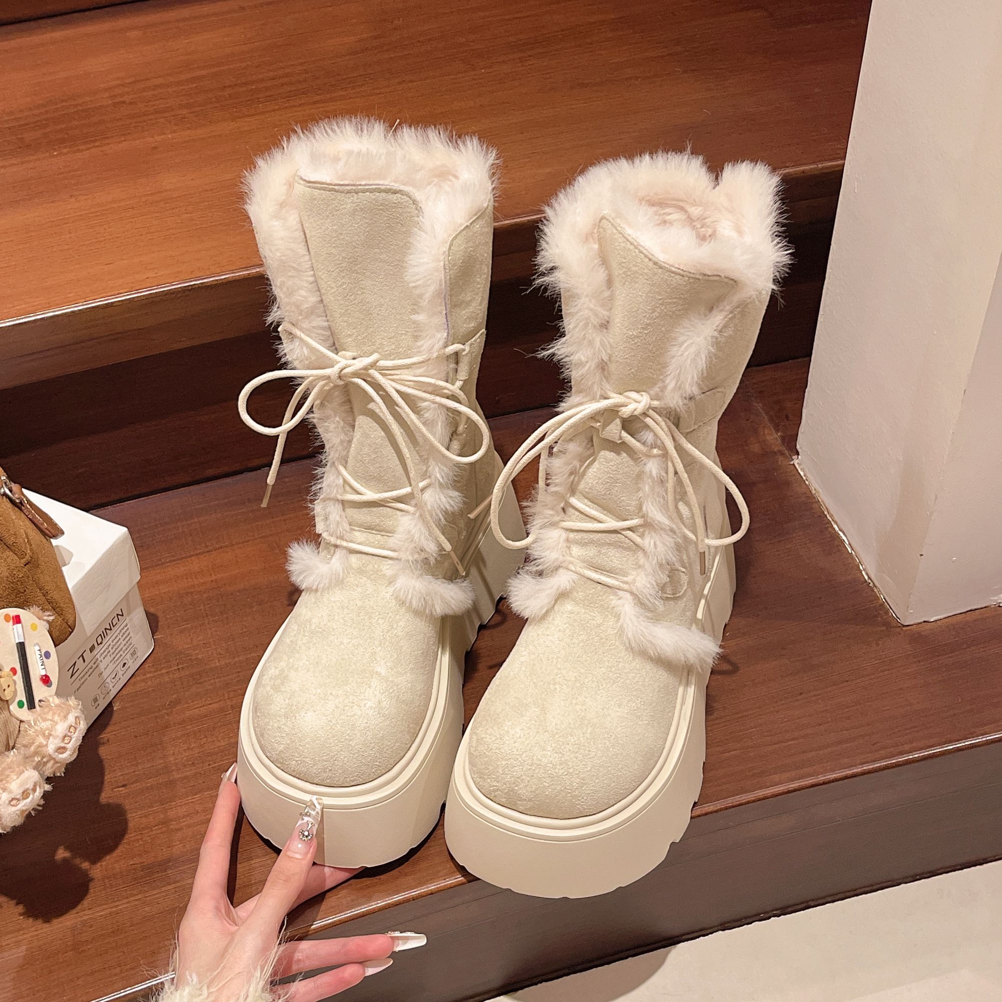 厚底小个子保暖雪地靴女2025冬季新款加绒加厚棉鞋增高可爱毛毛靴
