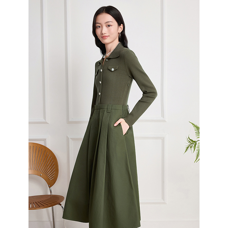 Goodland美地25秋新款复古优雅气质假两件苔藓绿连衣裙LC35506707