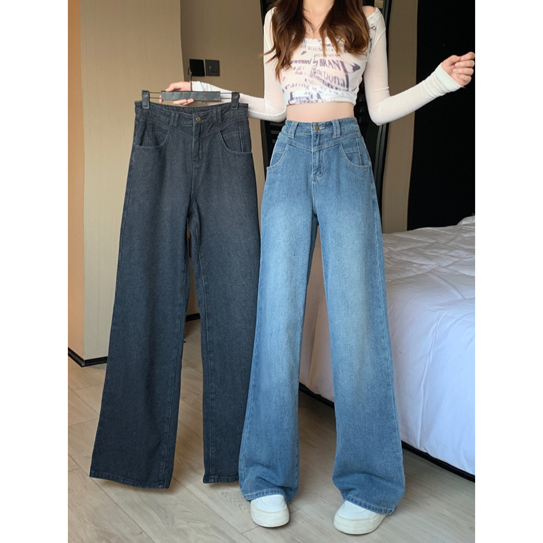 30378（14）新款胖mm大码女时尚设计感高腰显瘦弹力牛仔阔腿裤