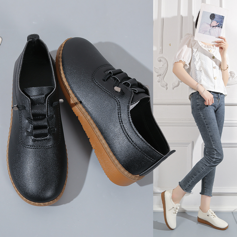 牛筋底懒人一脚蹬防水防滑厨房鞋女士平底四季工作鞋妈妈休闲皮鞋