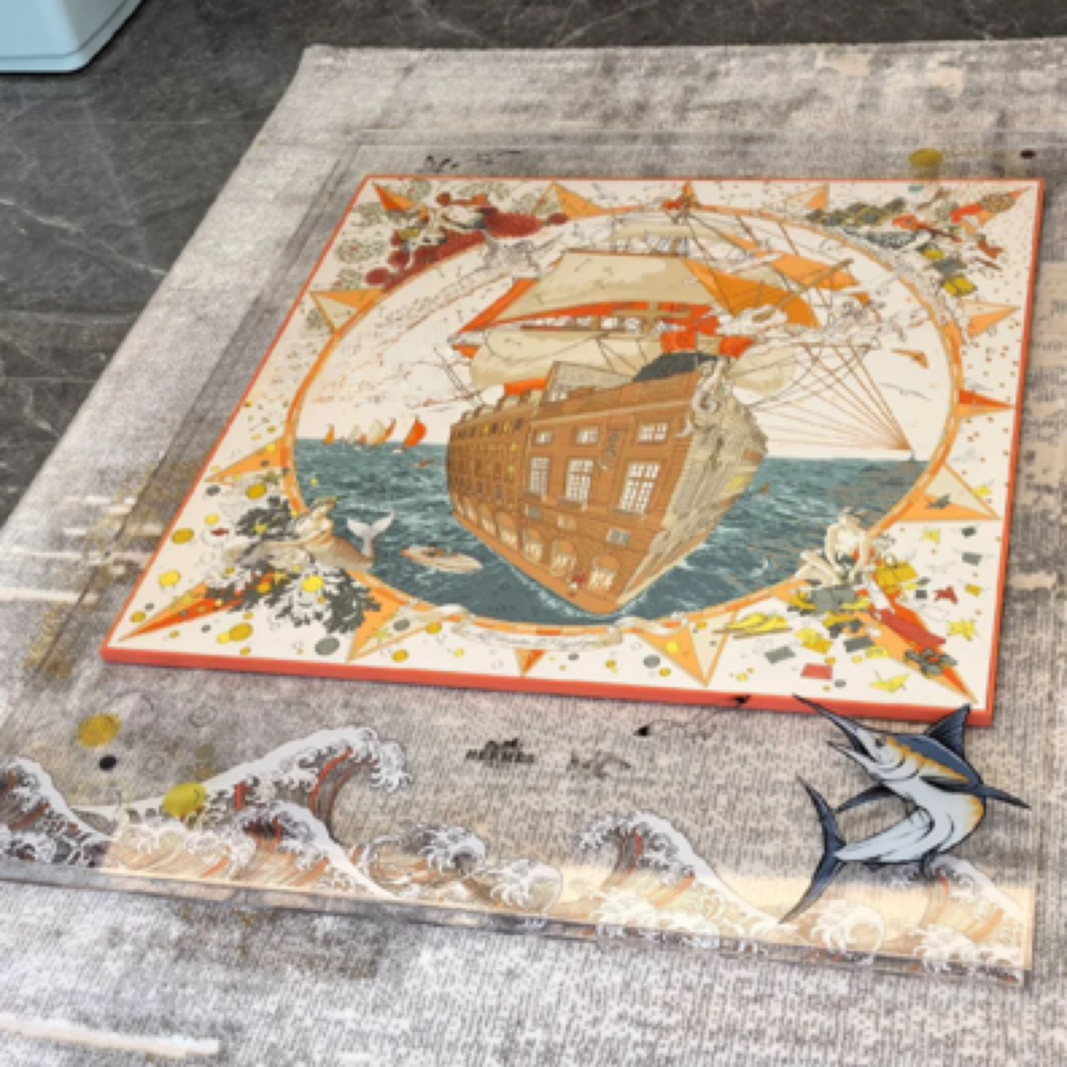 橙色福宝邮轮 丝巾画