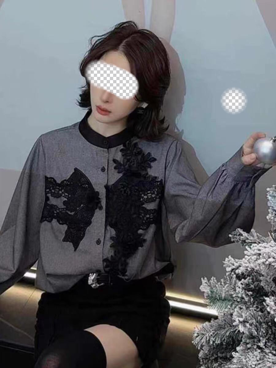 6989意凡圆领长袖衬衫女休闲百搭气质单排扣拼接设计短款上衣