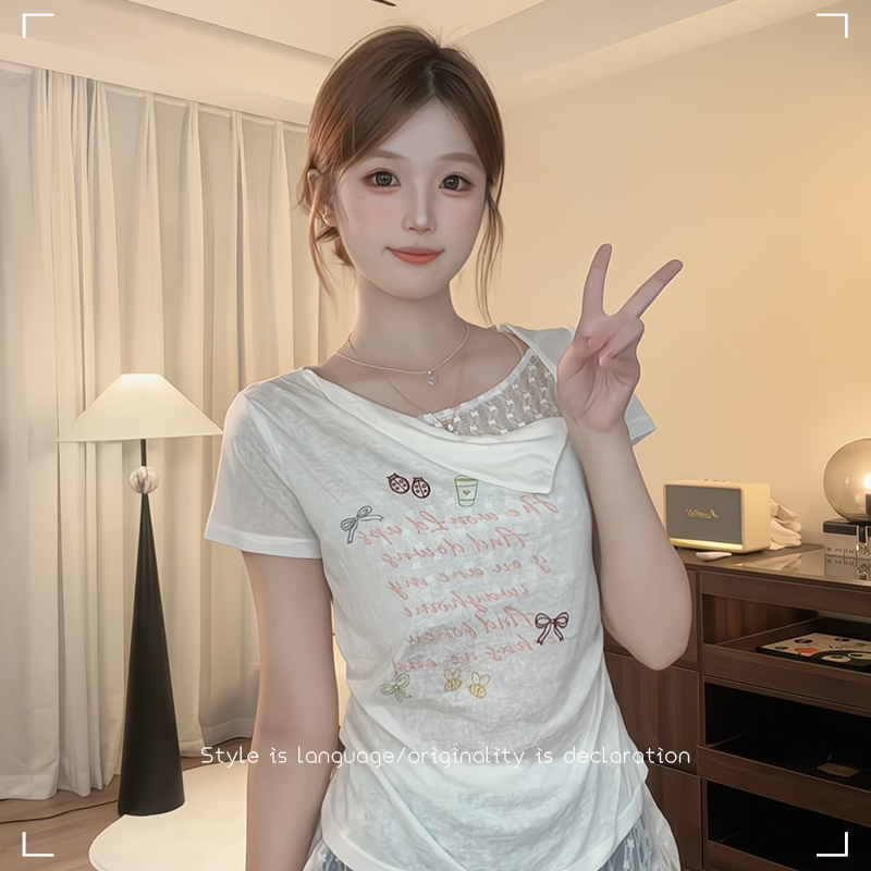 不规则短袖T恤拼接领口蝴蝶结印花纯欲风收腰显瘦罩衫薄上衣