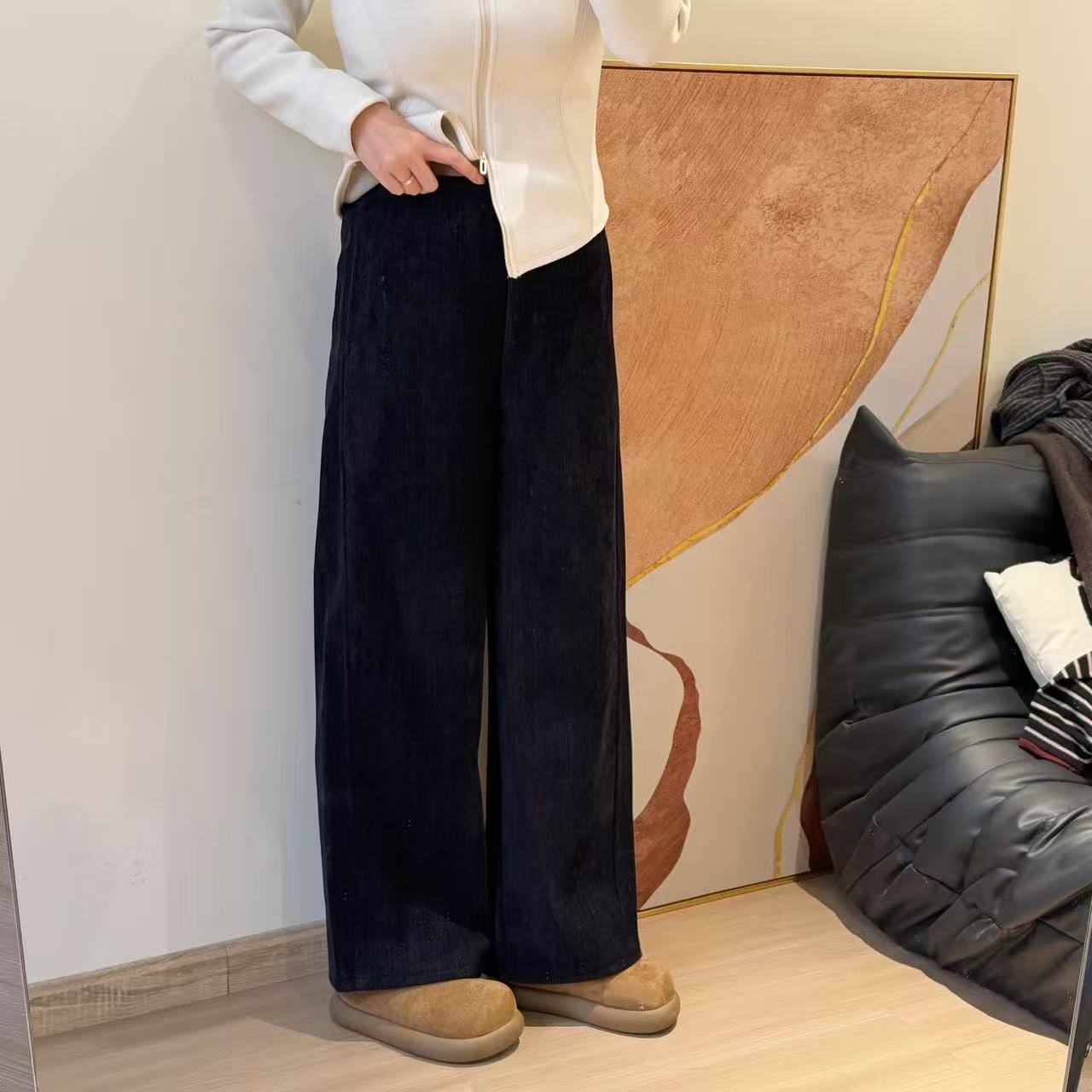 NANA【雪绒牛仔】冬季加绒松紧腰防褪色直筒休闲裤宽松显瘦女C0649