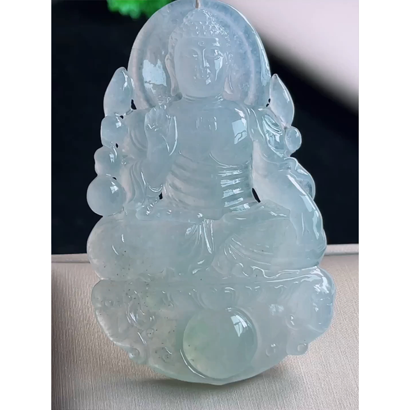 缅甸天然A货玉石翡翠 老坑冰种 手工精雕 阿弥陀佛吊坠