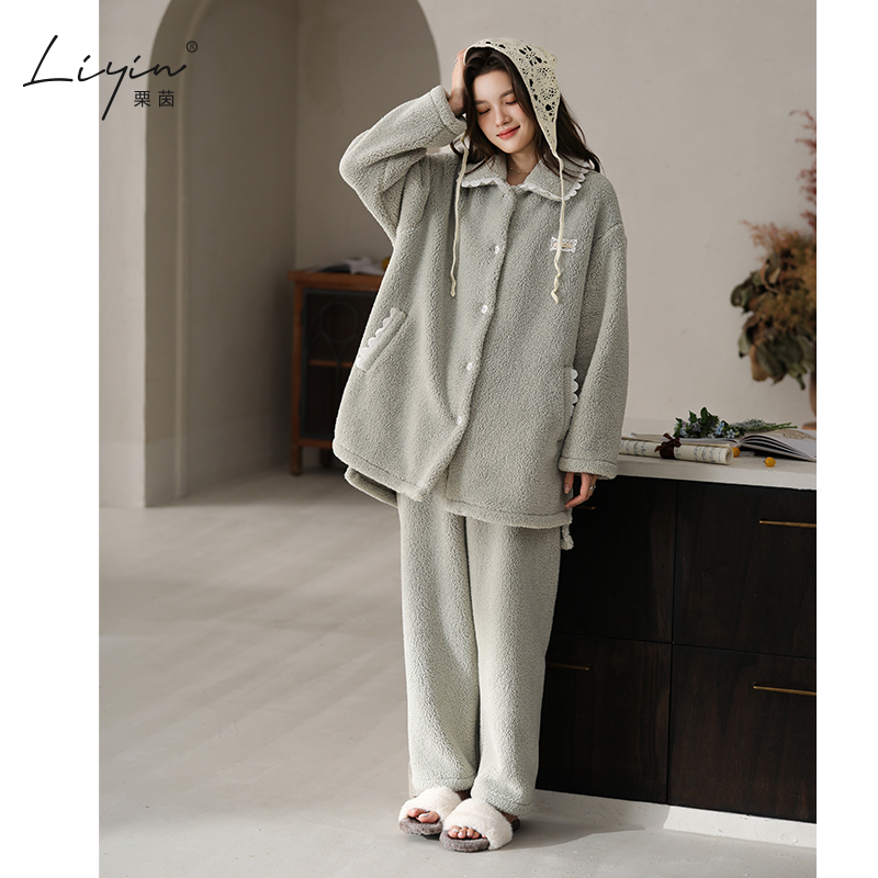 栗茵原创冬季羊羔绒女士睡衣韩系加厚保暖可外穿珊瑚绒家居服套装