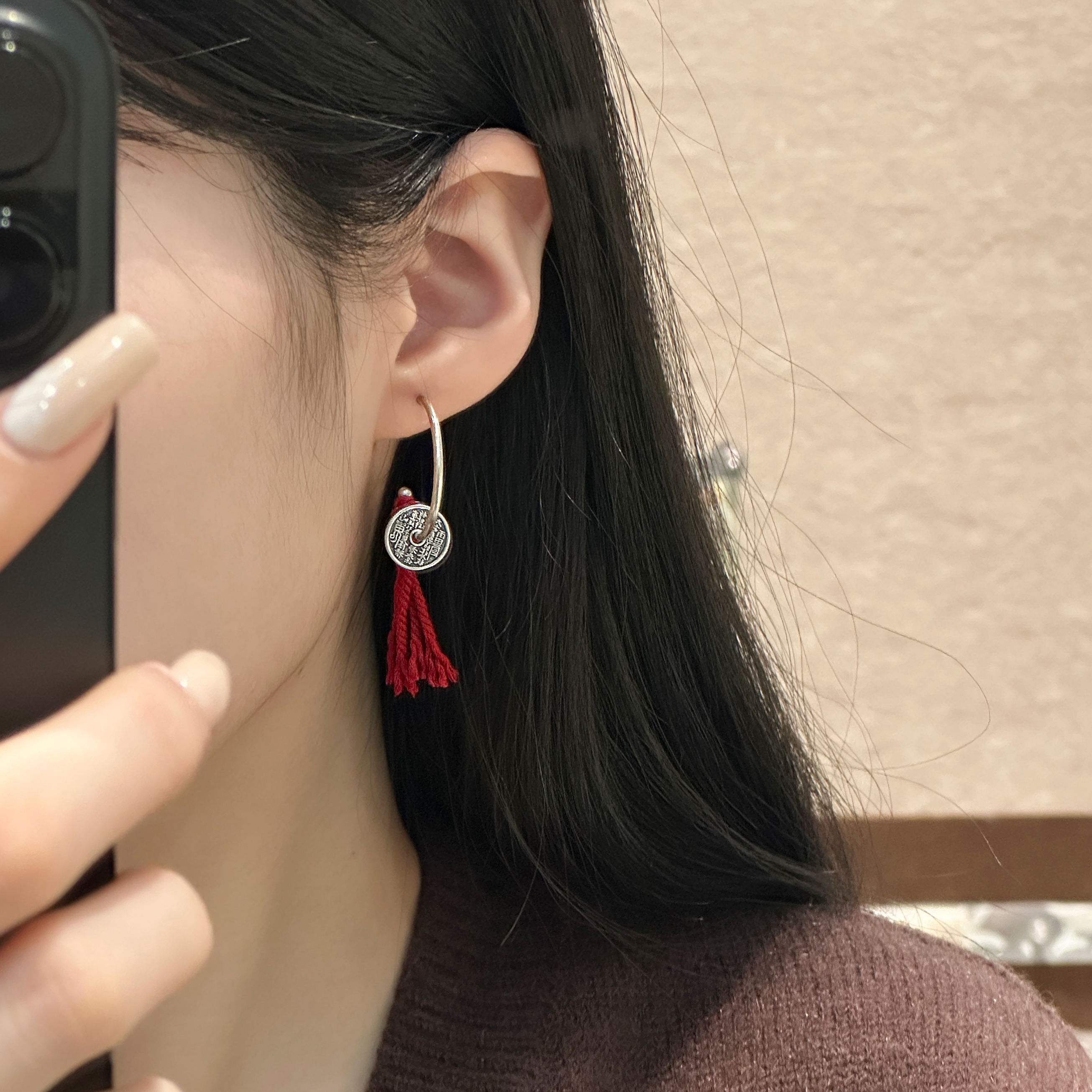 925银耳饰 <时愿>E25695 山鬼花钱平安扣红绳流苏耳环多样性发