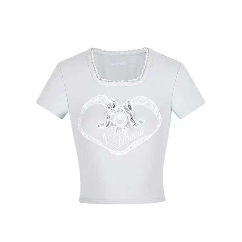 13女士 25春夏新款蕾丝蝴蝶结小熊短袖甜辣修身圆领T恤