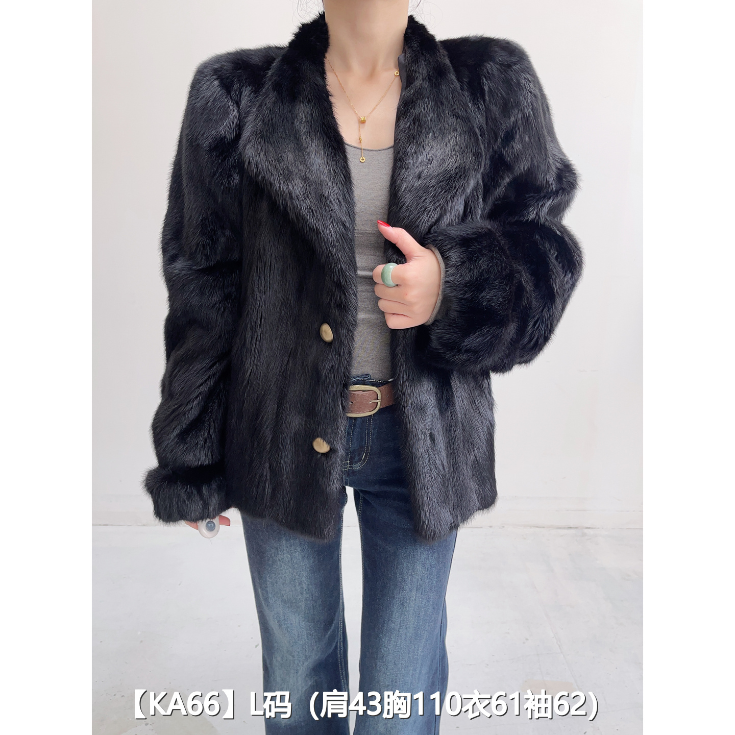 【KA66】L 本黑色短款全抽貂皮大衣外套女 翻领挽袖 25066