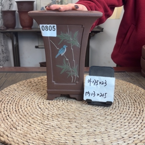 紫砂花盆紫玉金砂内奎竹林鸟趣手绘高四方0805