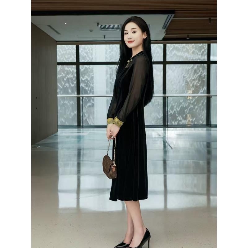 【Y3399】时尚洋气收腰显瘦金丝绒气质中长款连衣裙实体同步