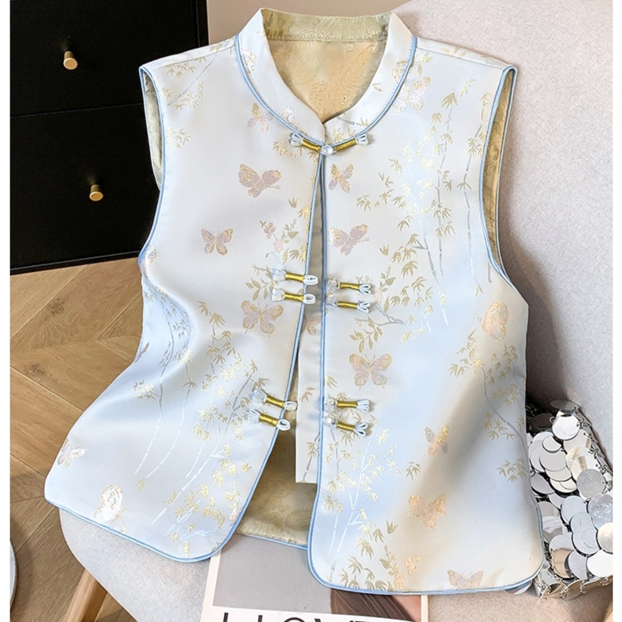 新中式国潮小立领盘扣提花马甲开衫外套女植物花卉