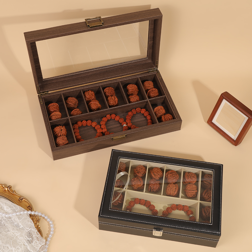 文玩收纳盒核桃手串胡木纹皮手串大容量收藏防尘展示木质复古轻奢