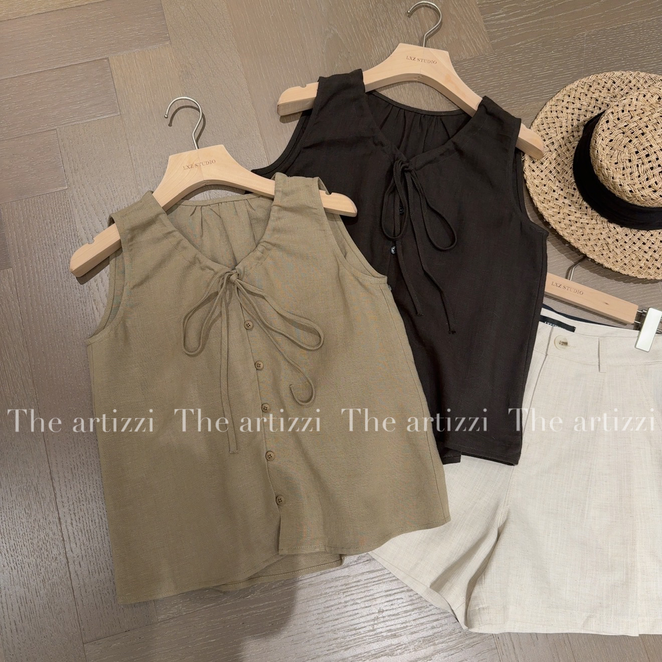 The Artizzi《松梨茶语》苎麻抽绳V领无袖小衫