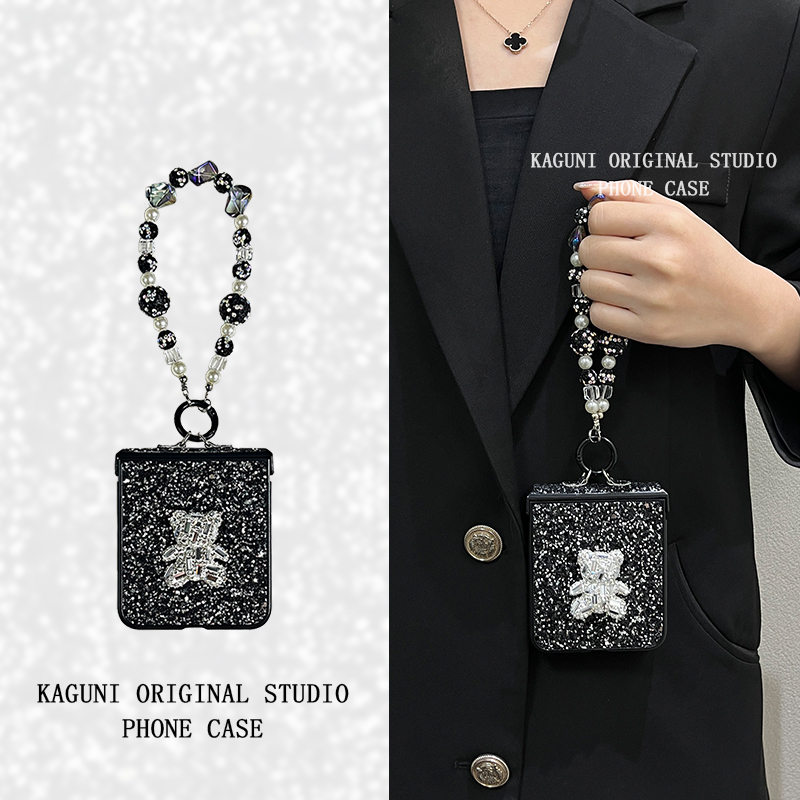 潮牌钻小熊手提链适用小米mixflip手机壳purax折叠屏pocket2荣耀