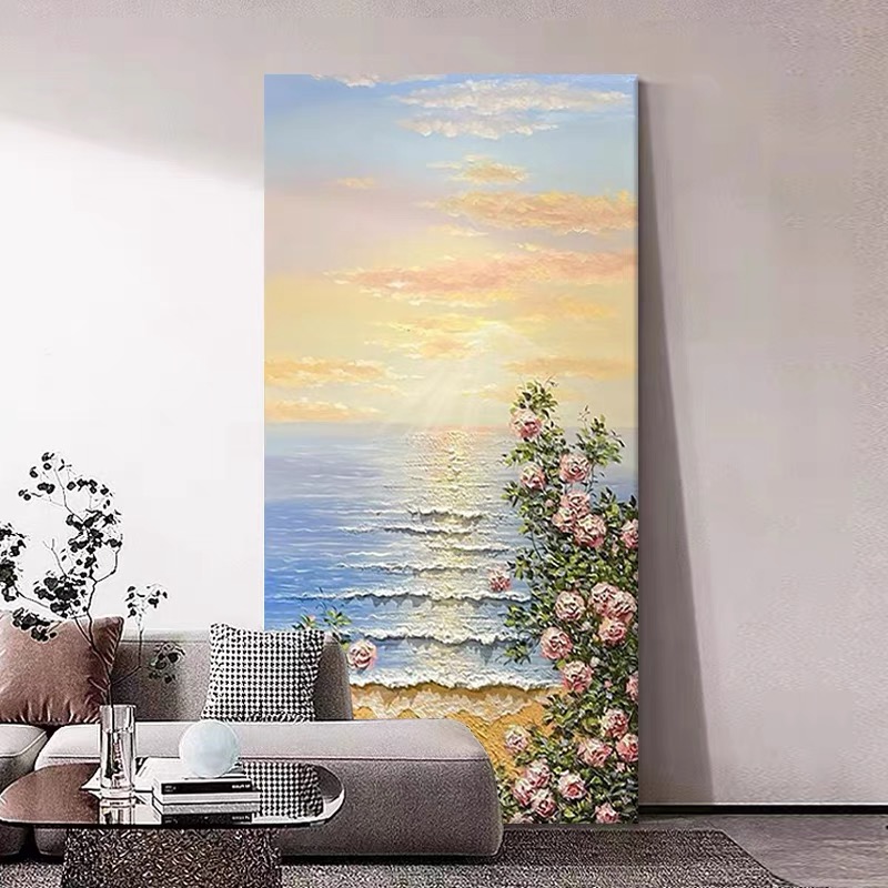 法式日出客厅高级感装饰画大海风景大芬村沙滩花卉玄关砂岩画