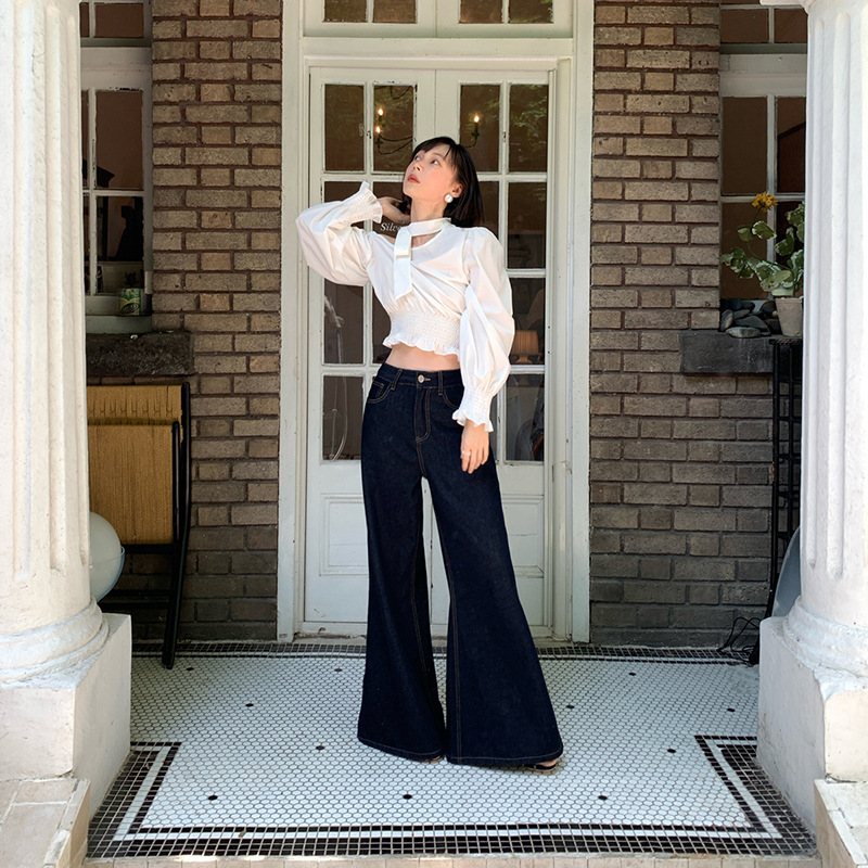 早秋复古微喇牛仔裤女深蓝色显瘦喇叭裤F1630