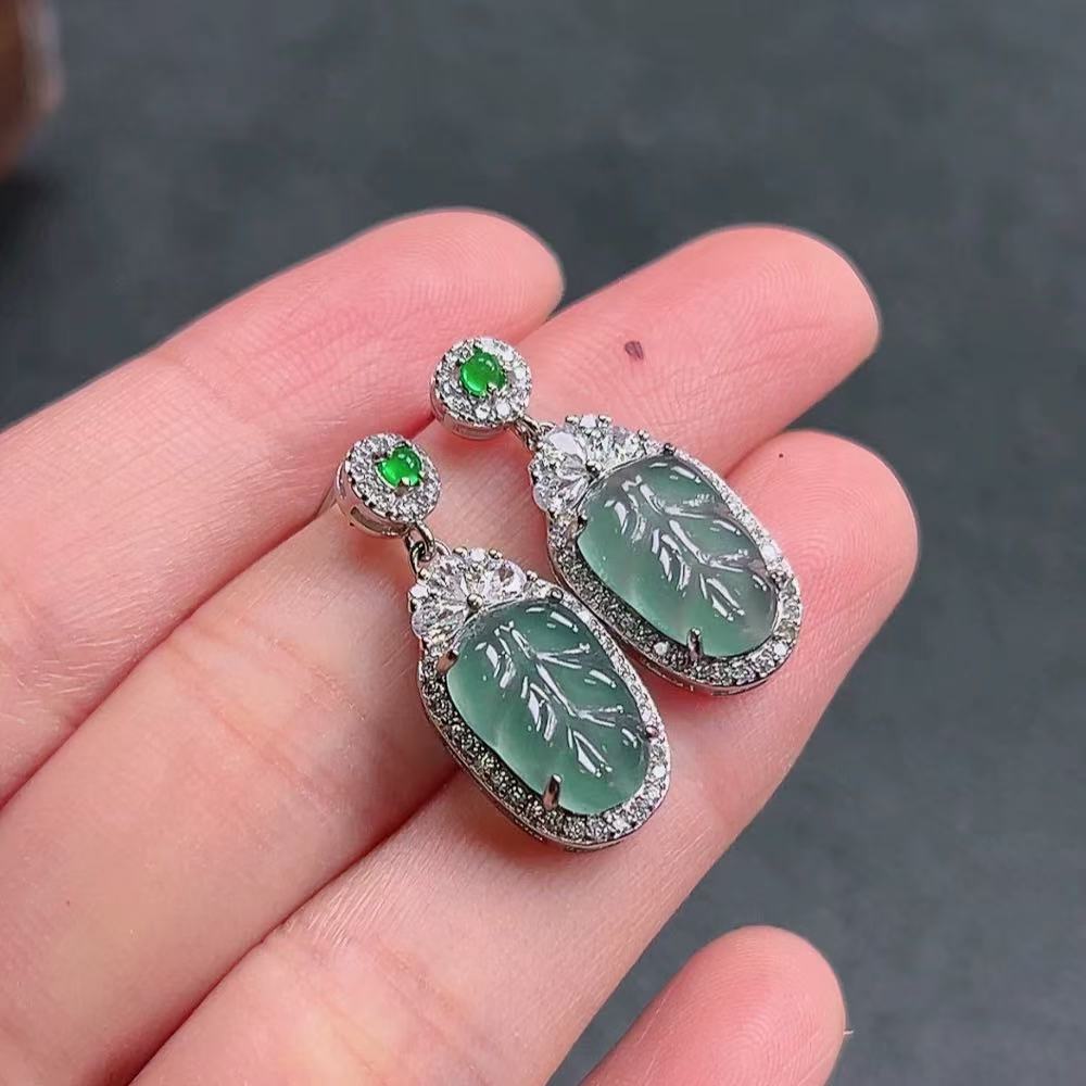 翡翠金枝玉叶银镶嵌女士时尚精美耳钉耳饰多样性发货附证书