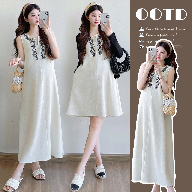 仿麻垂感刺绣设计民族风孕妇连衣裙