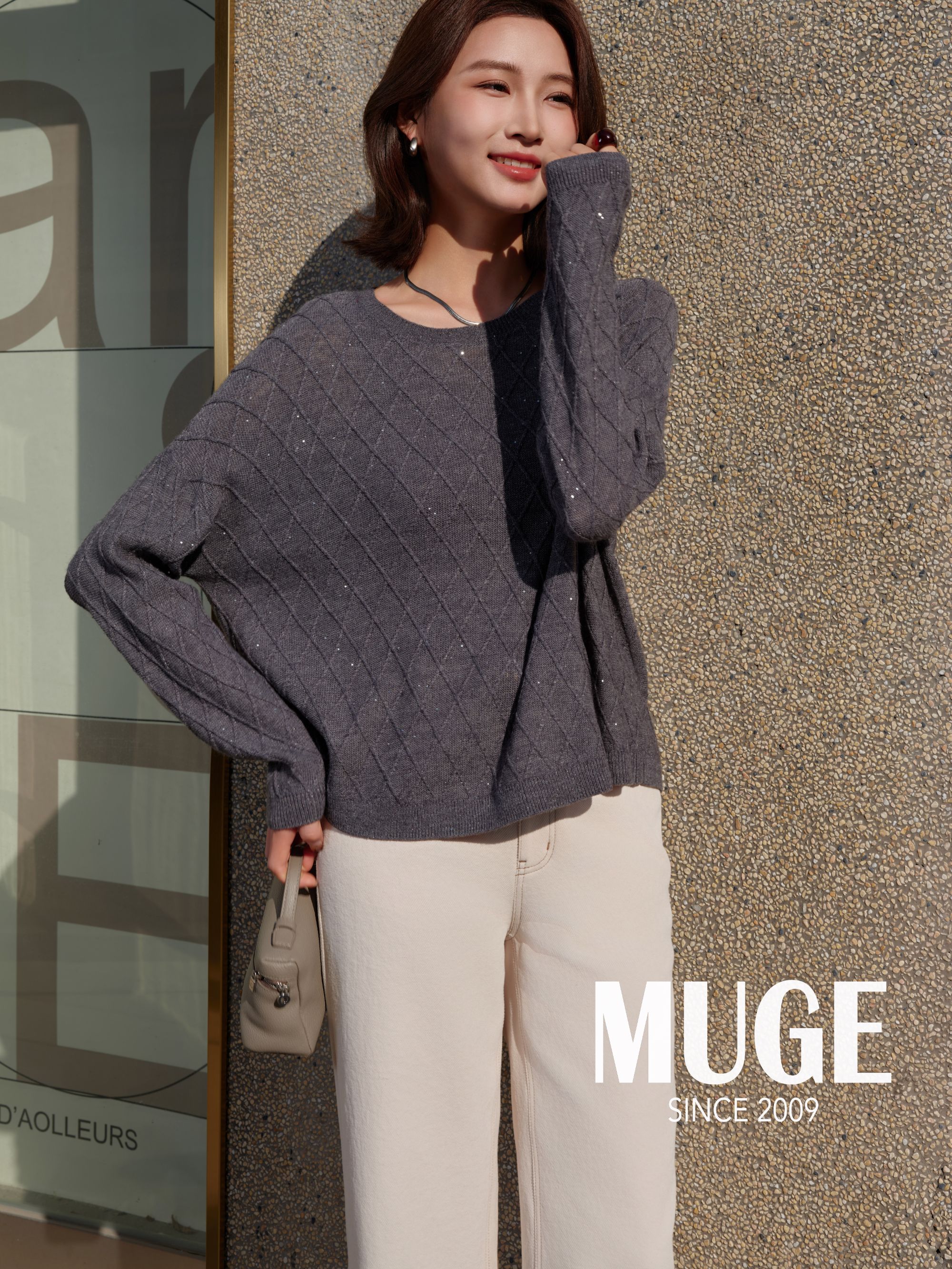 慕歌MUGE/长袖通勤落肩袖春秋季圆领针织衫 522015宽松时尚