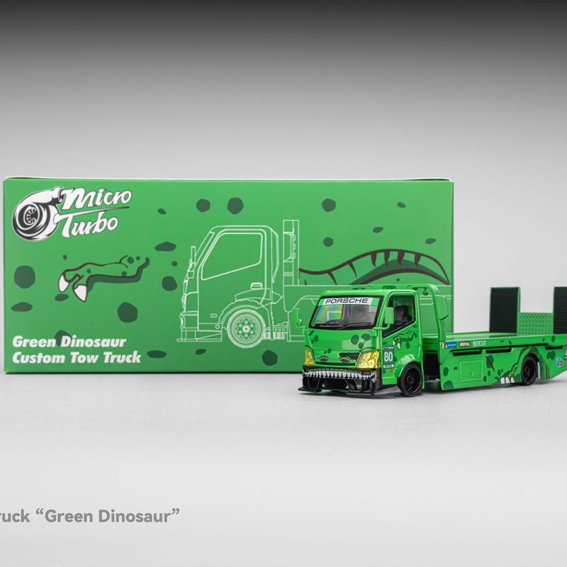 预售 Micro Turbo 1:64 绿恐龙拖板车合金平板运输拖车模型摆件