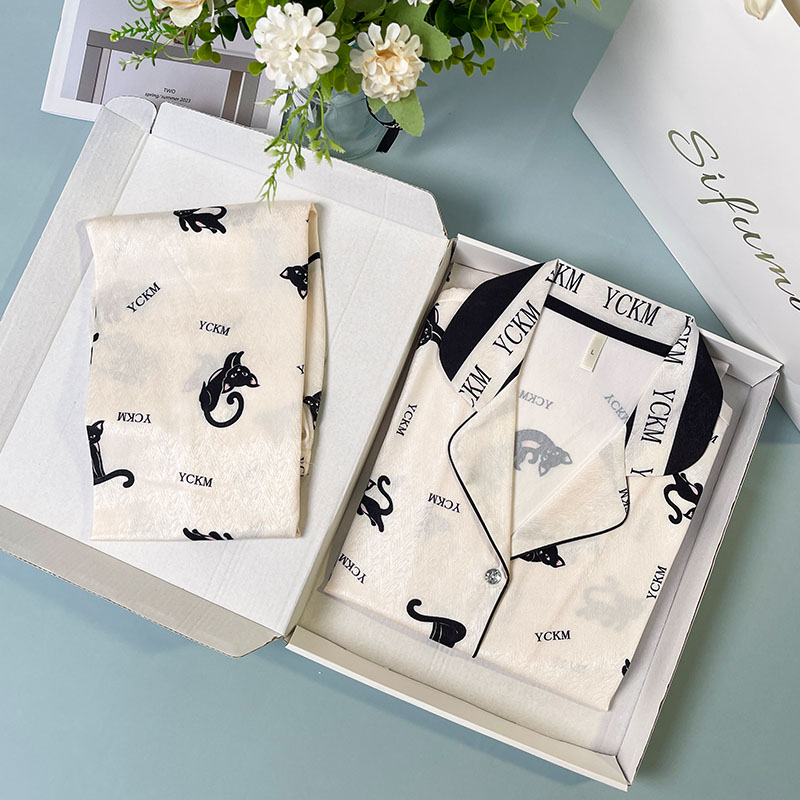 Sifuma/斯服玛《黑猫情侣款》夏季睡衣女款爆款2024新款冰丝三件套