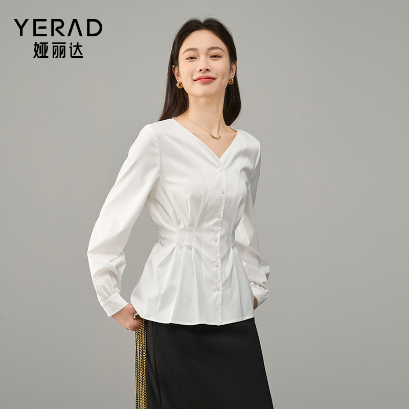 娅丽达气质优雅轻熟风衬衫女2025年秋季新款收腰显瘦V领长袖衬衣