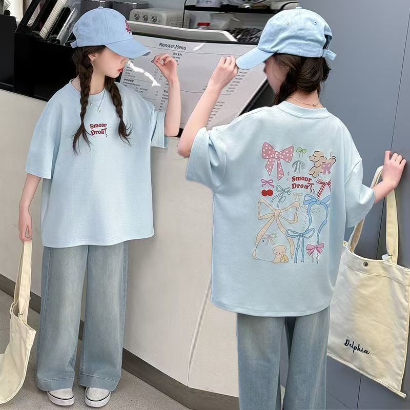 后背蝴蝶结单件短袖-蓝色-150