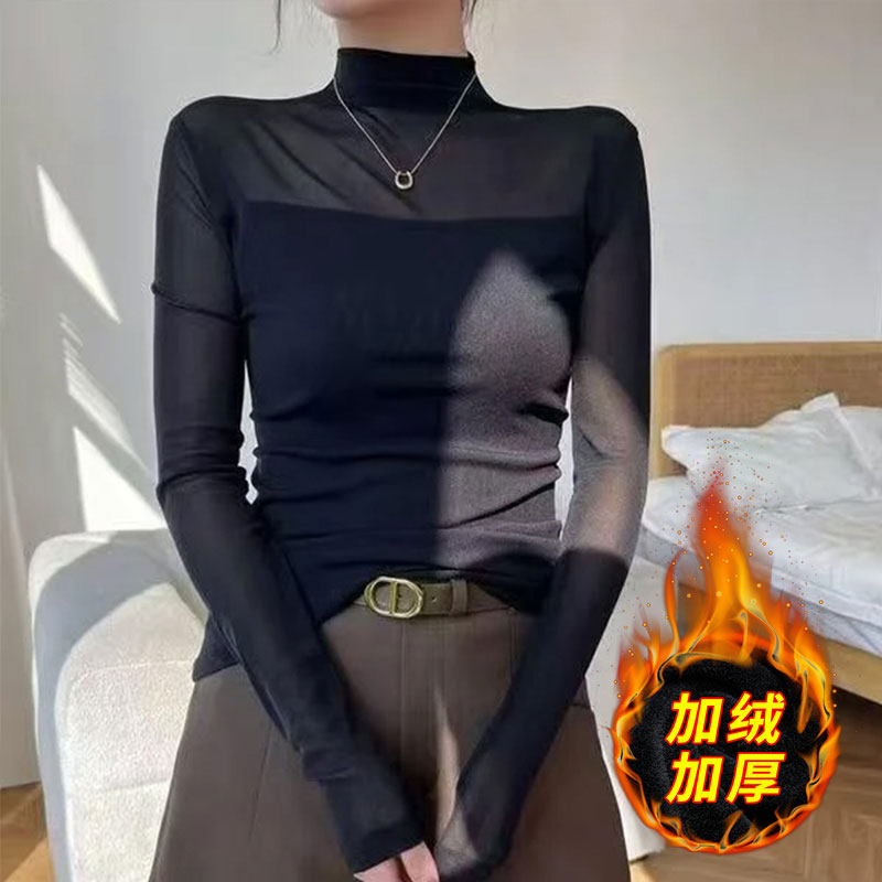 加绒拼接半高领网纱打底衫女秋冬新款气质修身内搭长袖上衣