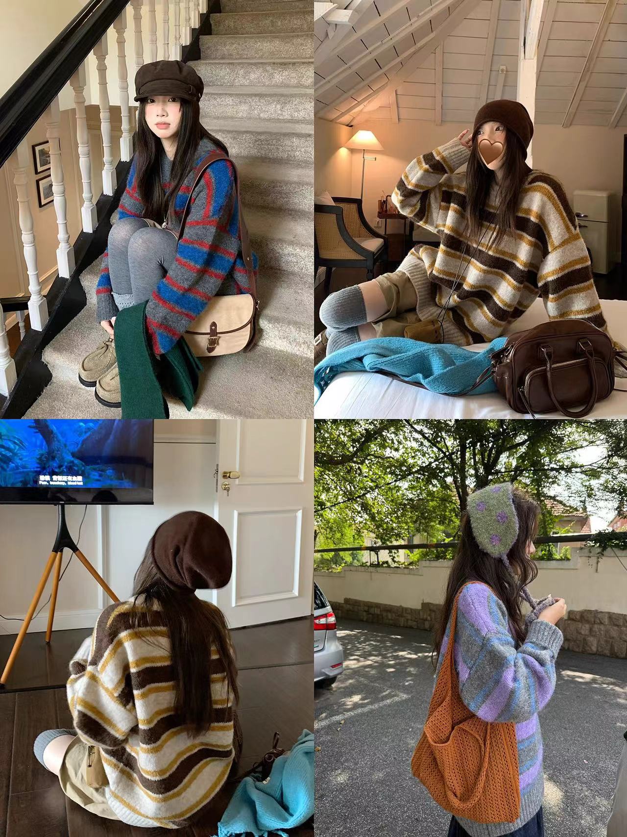 韩系撞色条纹毛衣2025秋季新款慵懒松弛软糯套头针织衫女