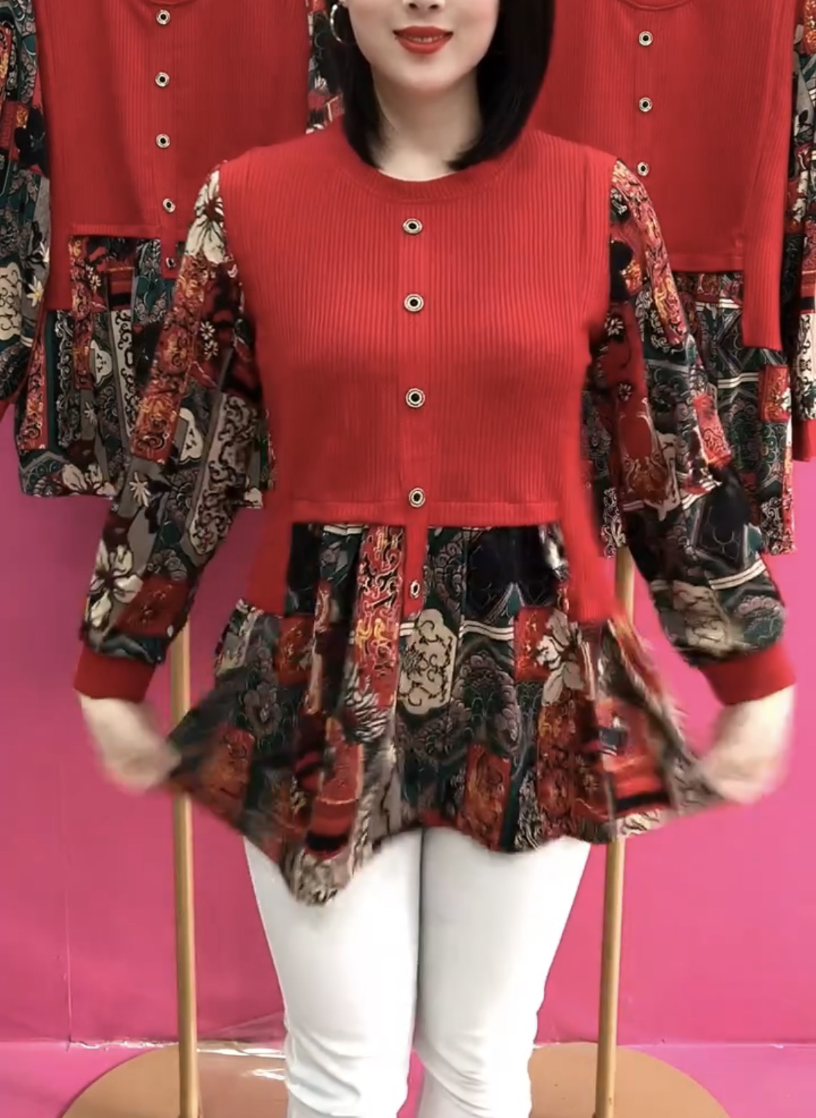 新款时尚显瘦假两件小花拼接打底衫