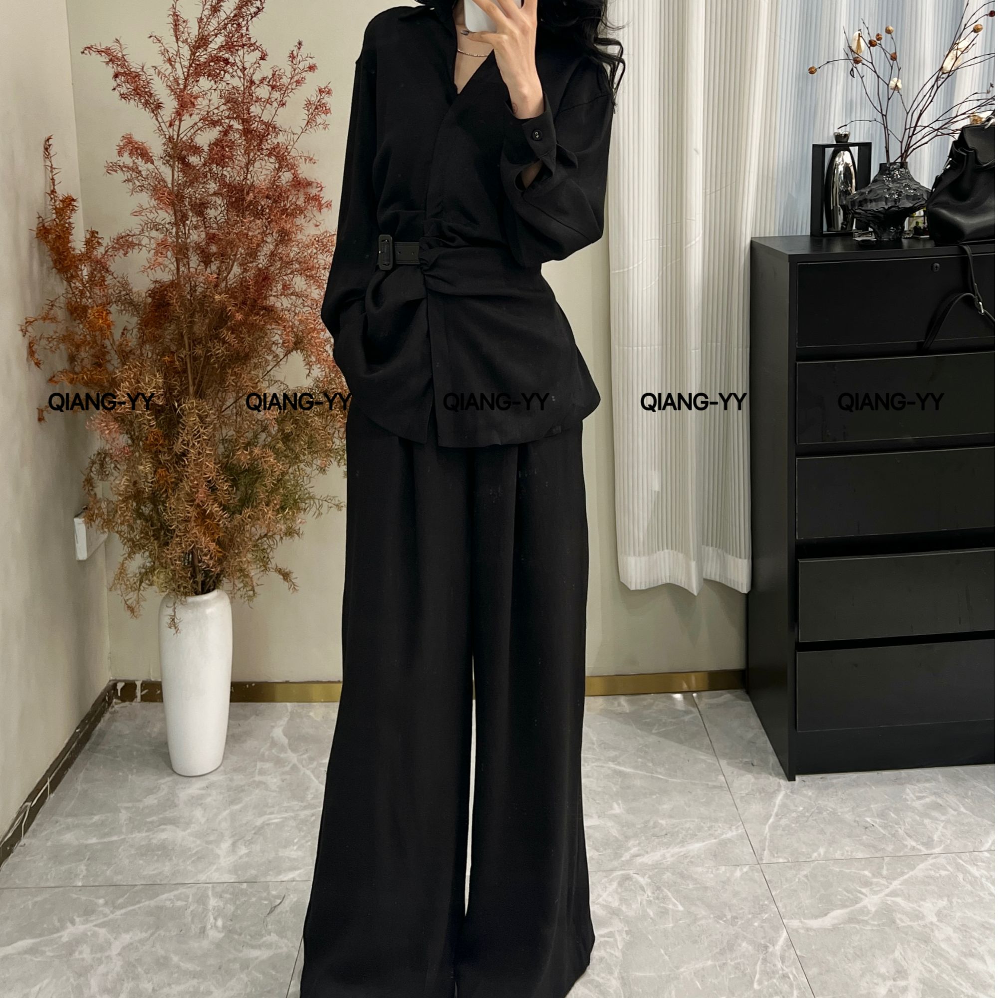 QIANG-YY慵懒风松弛风时尚套装西装衬衫上衣显瘦长袖阔腿裤223