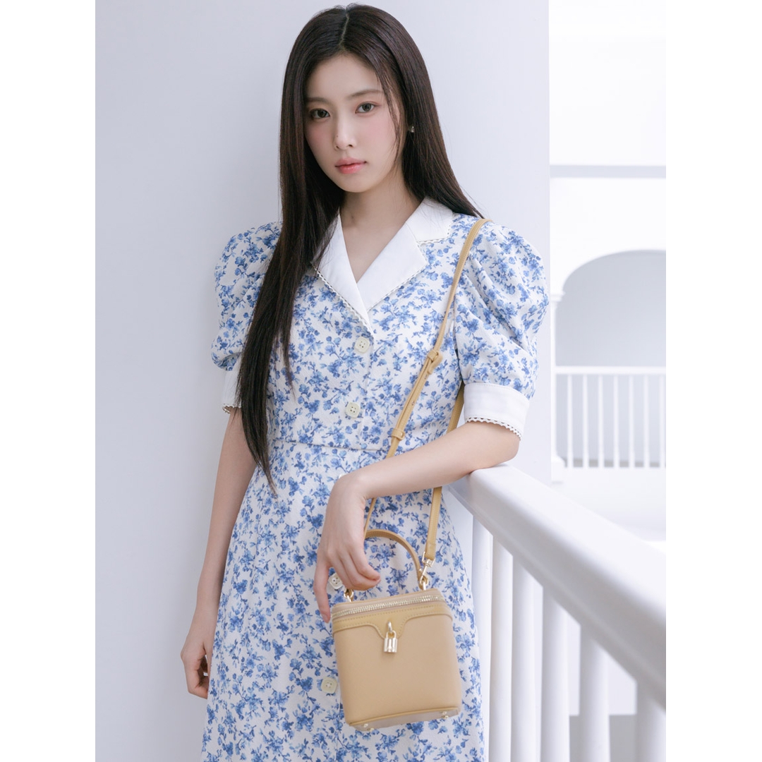 【六哥家】夏季新款 S 气质优雅泡泡袖翻领收腰复古印花连衣裙