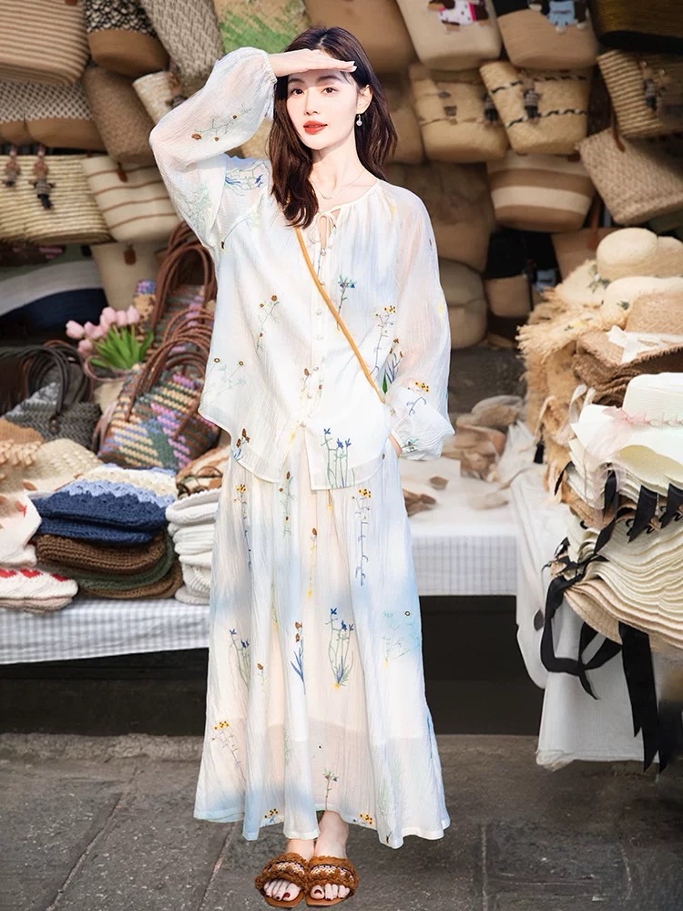 [奕奕推荐] 新中式 度假风气质天丝混纺刺绣小衫套装