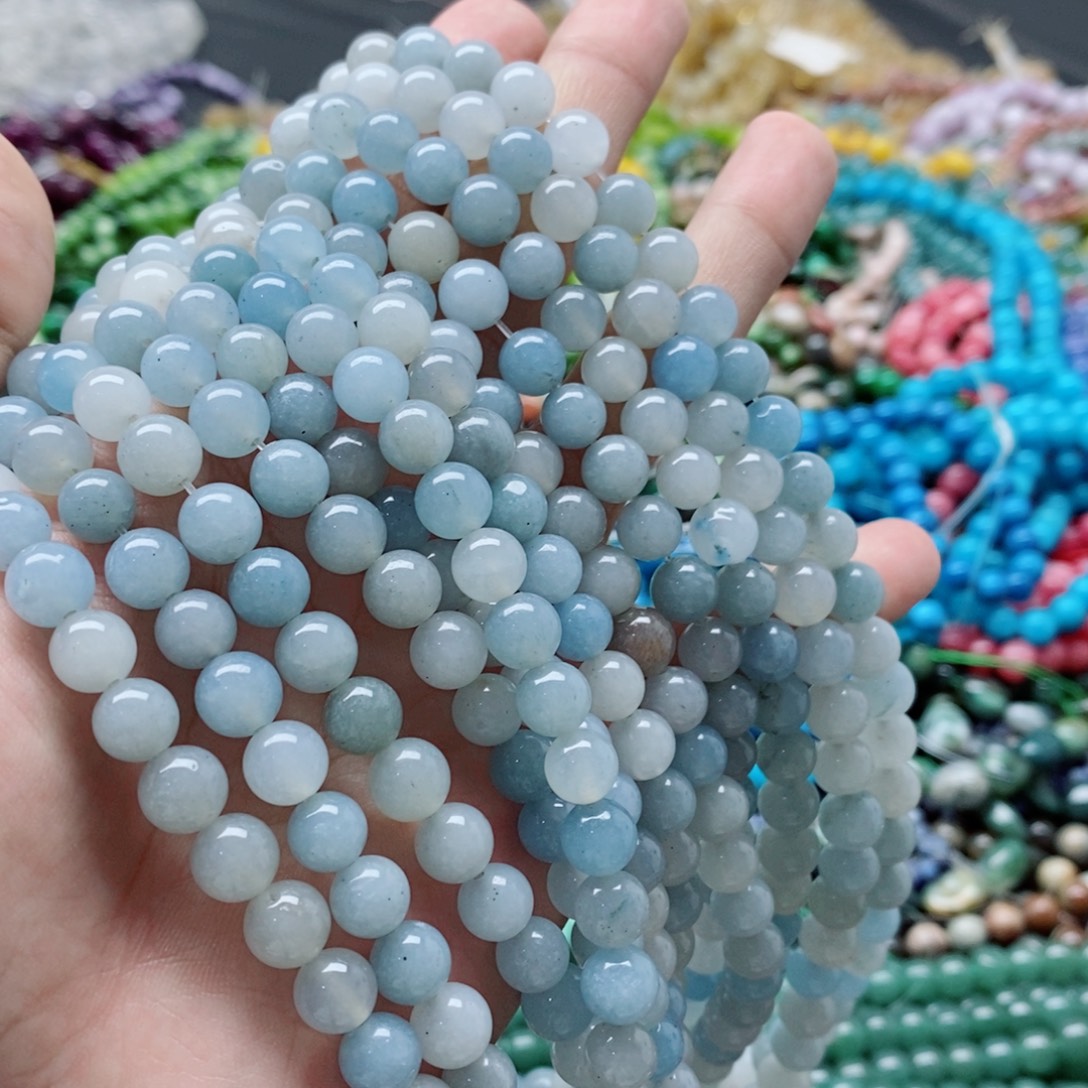 玛瑙/玉髓未镶嵌珠宝半成品一条天然8mm浅蓝玉髓圆珠A81