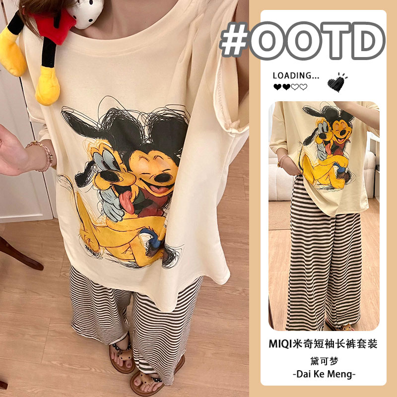 【MIQI米奇】休闲时尚短袖长裤睡衣套装女士夏季薄款可爱卡通家居服