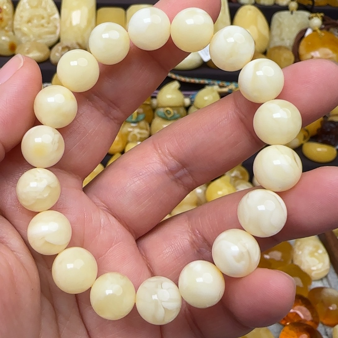 蜜蜡手链未镶嵌天然白蜜妖花圆珠手串