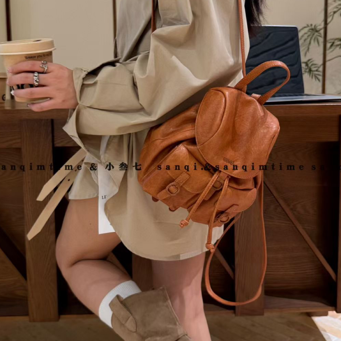 小叁柒韩系双肩包搭扣甜美背包简约风双肩包百搭便携女包2693