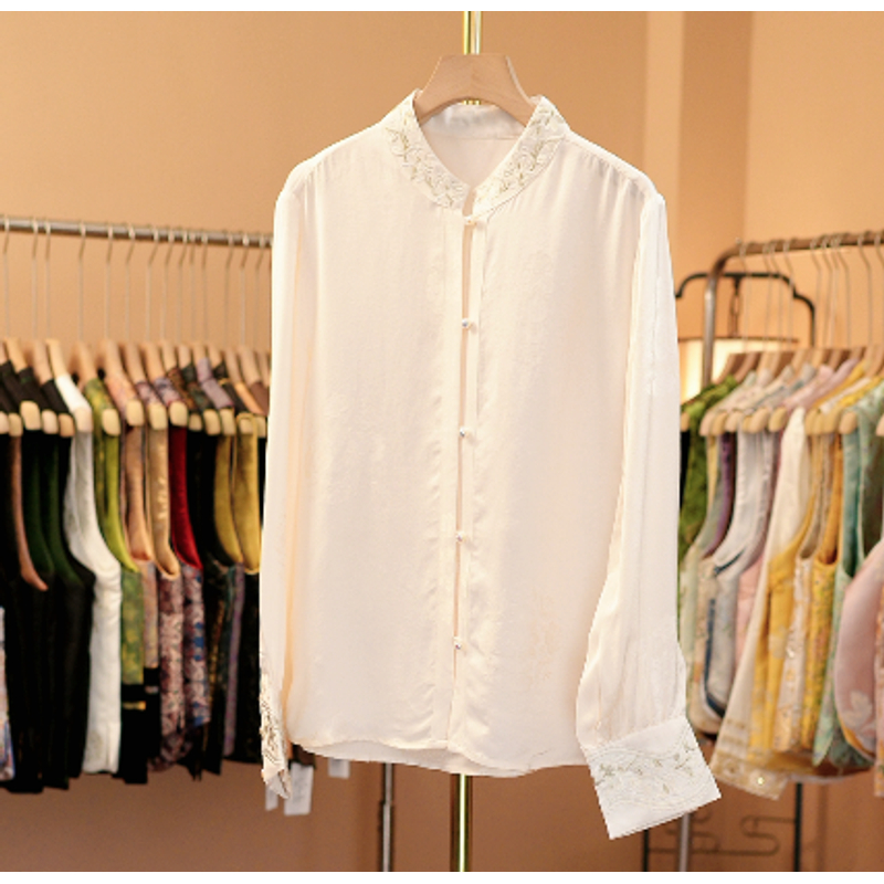 [琉璃]新中式桑蚕丝重锻刺绣百搭休闲女士衬衫上衣遮肉显瘦