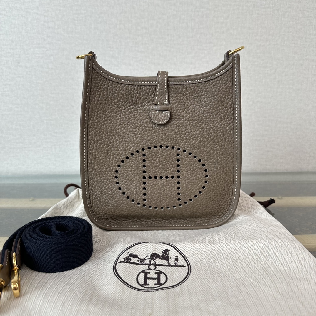 95新 Hermes/爱马仕 大象灰金扣伊芙琳mini单肩斜挎包 10141