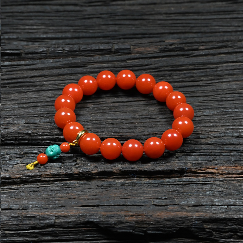 【鑫石阁】原矿保山南红西山大黑洞卡11大+柿子红圆珠单圈