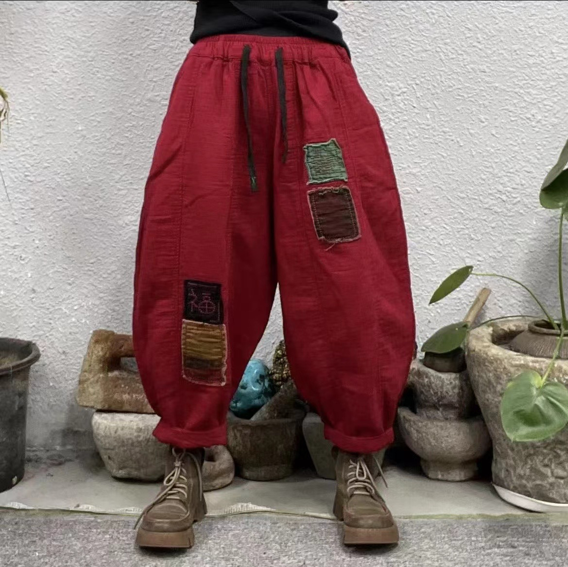 新款韩版宽松做旧拼接炒色哈伦女裤