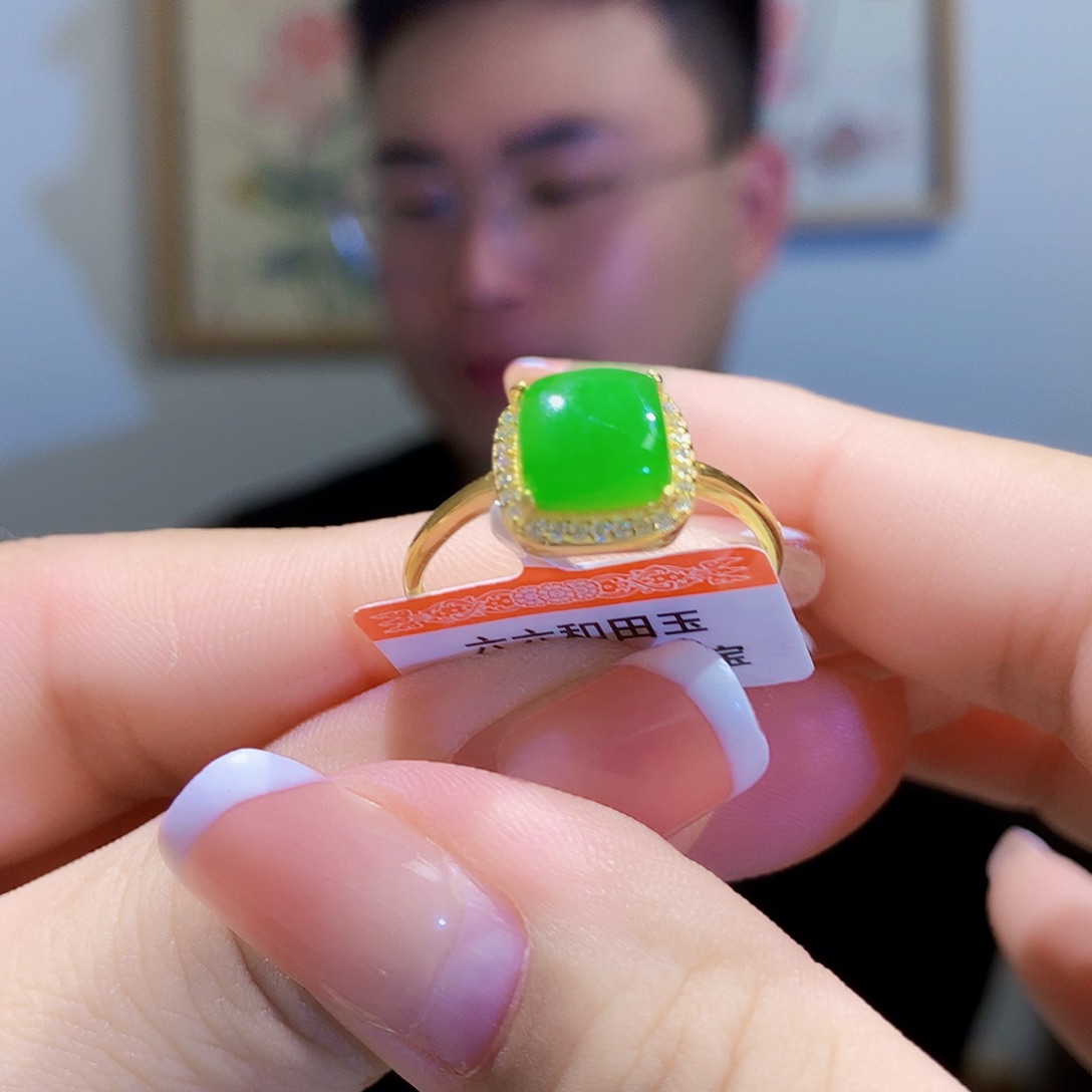 和田玉（碧玉）戒指银S925镀金镶嵌