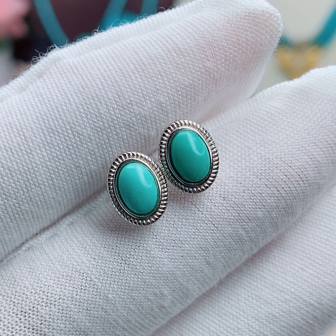 绿松石银S925镶嵌高瓷精品耳钉