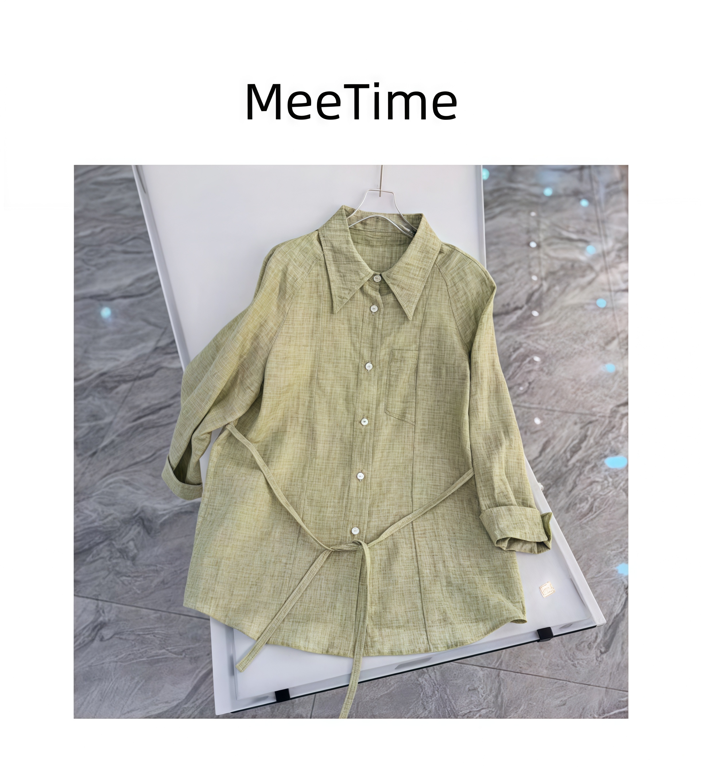 【MeeTime】100%亚麻老前风双色工艺清新绿衬衫 2052