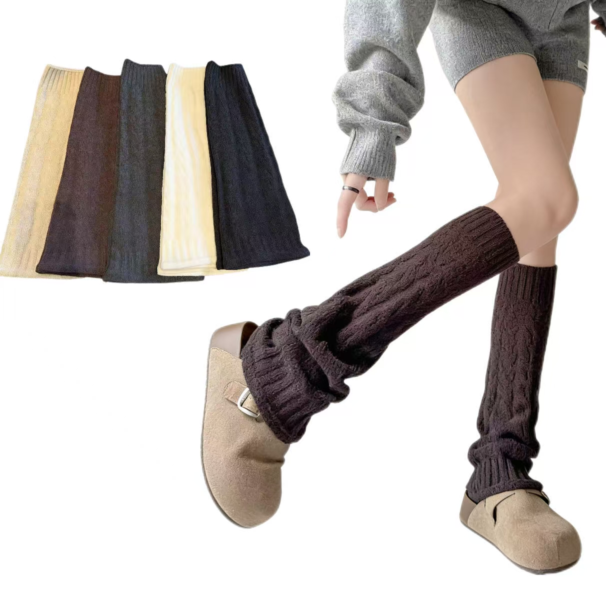 冬季手工编小腿袜套女加厚螺纹长筒堆堆袜搭配鲨鱼裤时尚洋气中筒