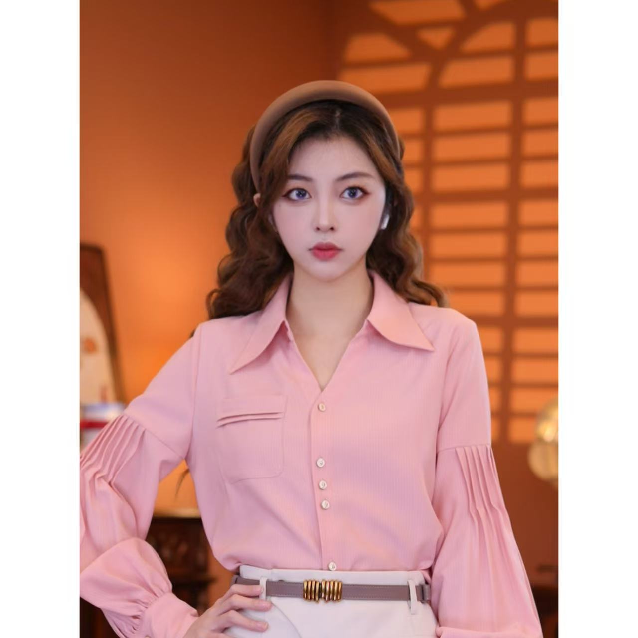 乐乐【迷雾花园】港味复古时尚气质薄款显瘦设计上衣01565