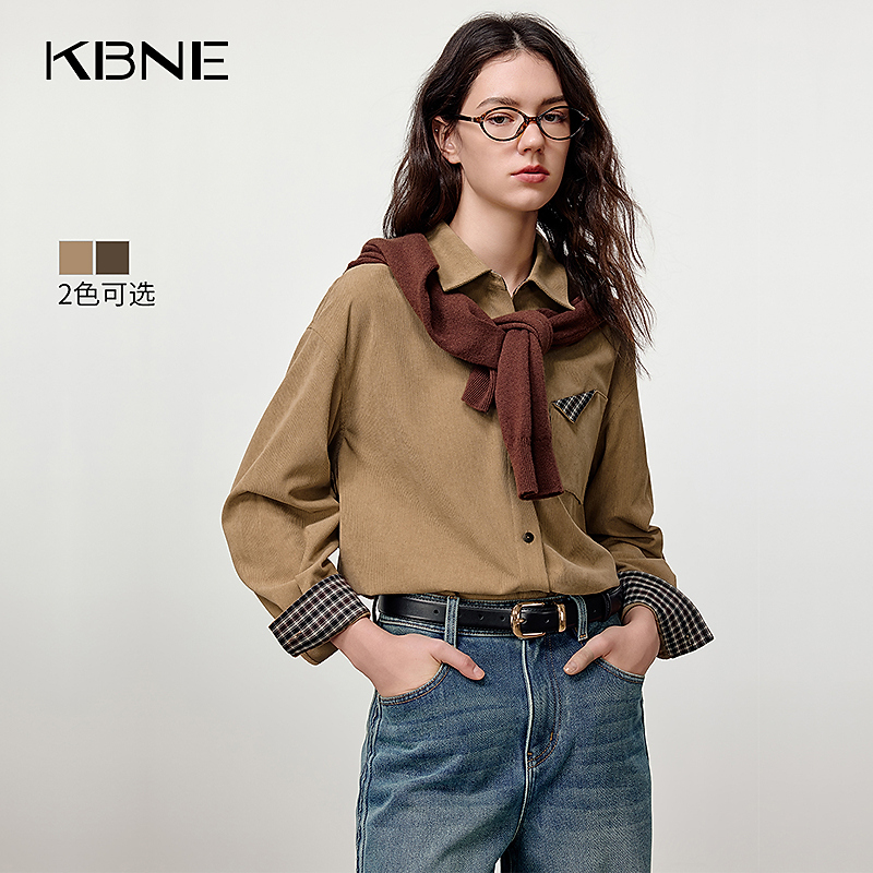 KBNE衬衫女2025新款爆款洋气琥珀流光风复古格纹拼接灯芯绒衬衣女