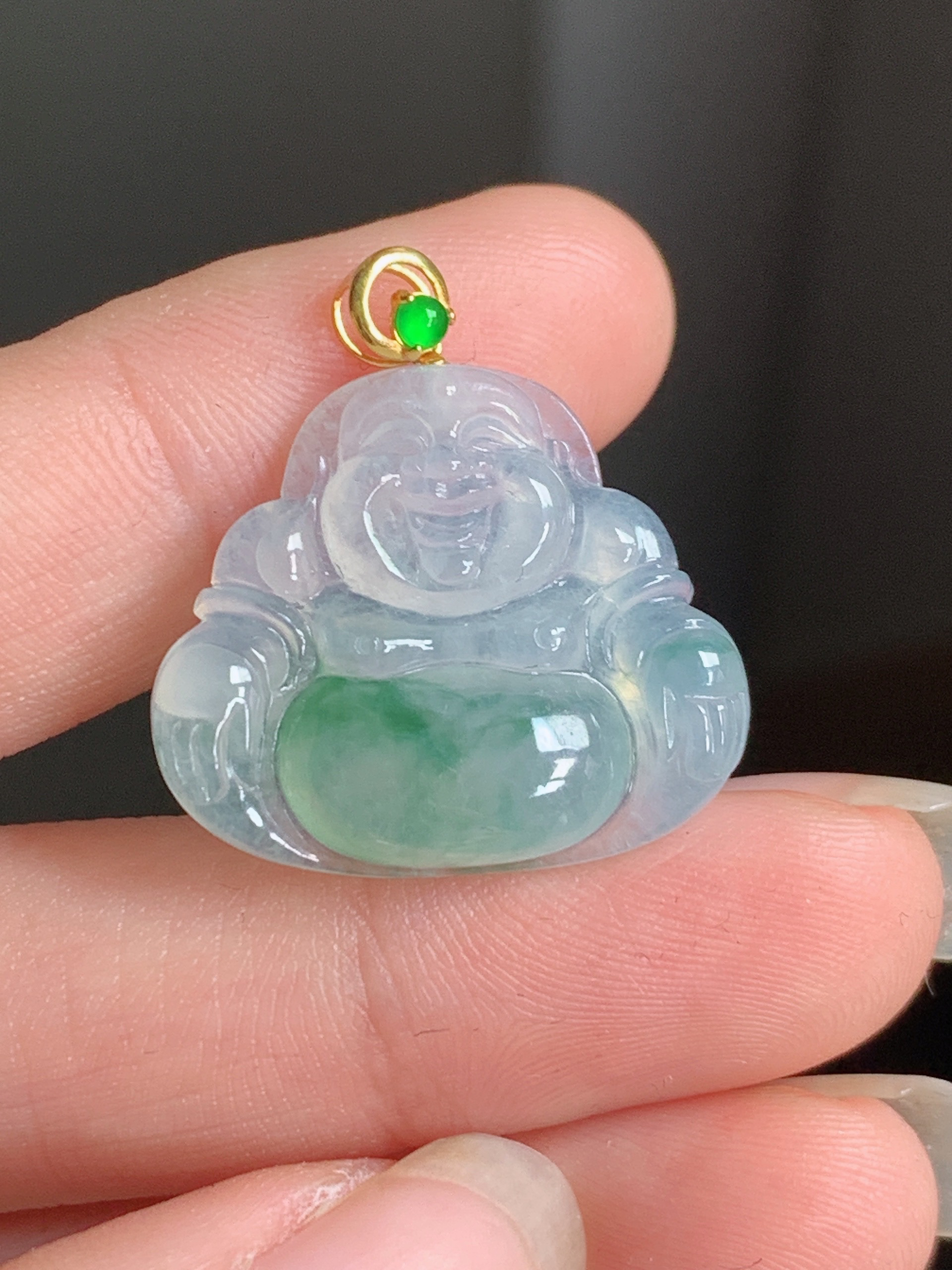 天然缅甸翡翠A货冰种飘花佛公吊坠，尺寸24*19.5*22.7*4.7