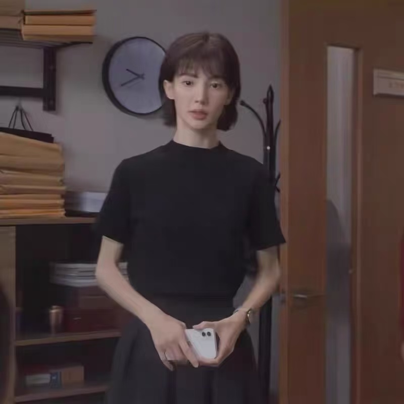 JR-清样品默认瑕疵NO退换！明星同款半高领短袖面膜T恤，5009
